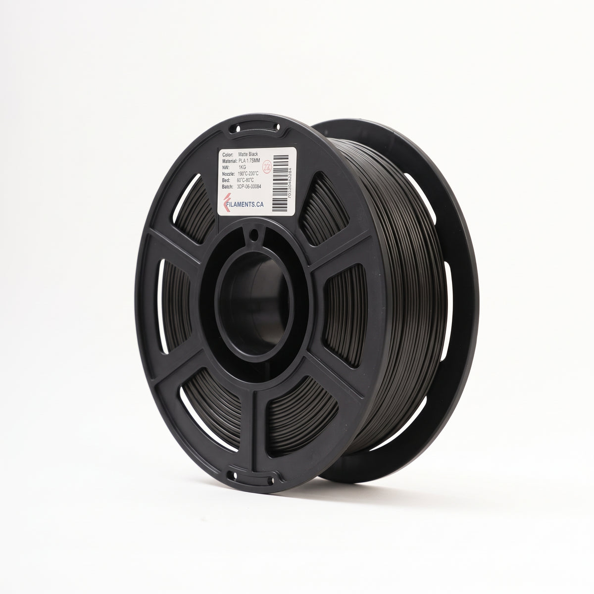 Standard PLA Matte Black 1.75mm filament on a plastic spool